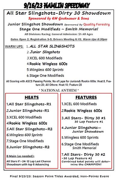 Hamlin 9/16/23- Dirty30,Jr Showdown,Smith Memorial, & Final Points 2023!