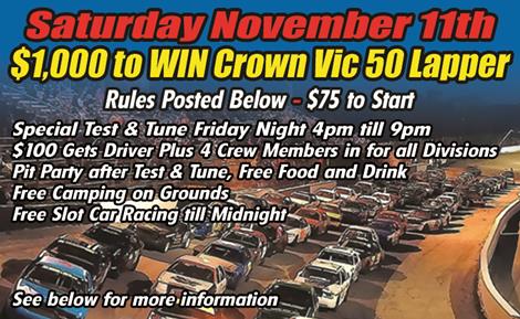 $1,000 to Win Crown Vic 50 Lapper November 11th