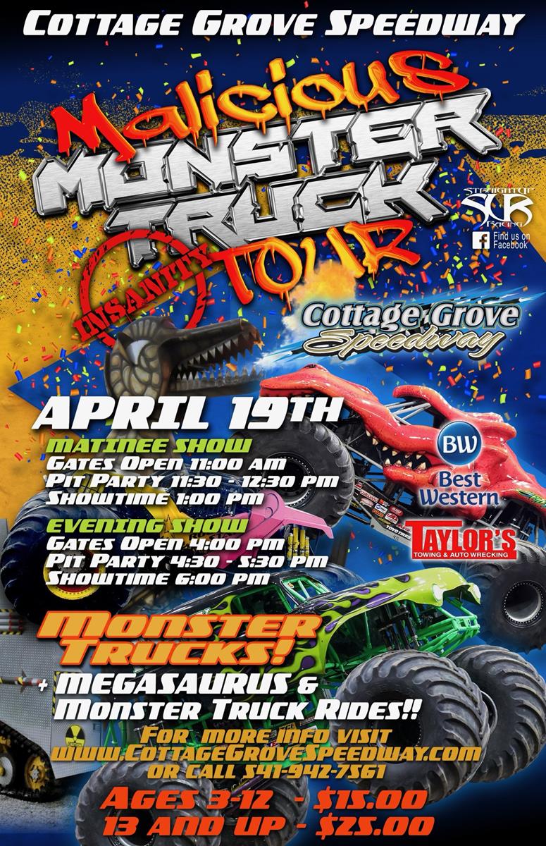 MONSTER TRUCKS AT COTTAGE GROVE SPEEDWAY TONIGHT! (SATURDAY, APRIL 19TH)