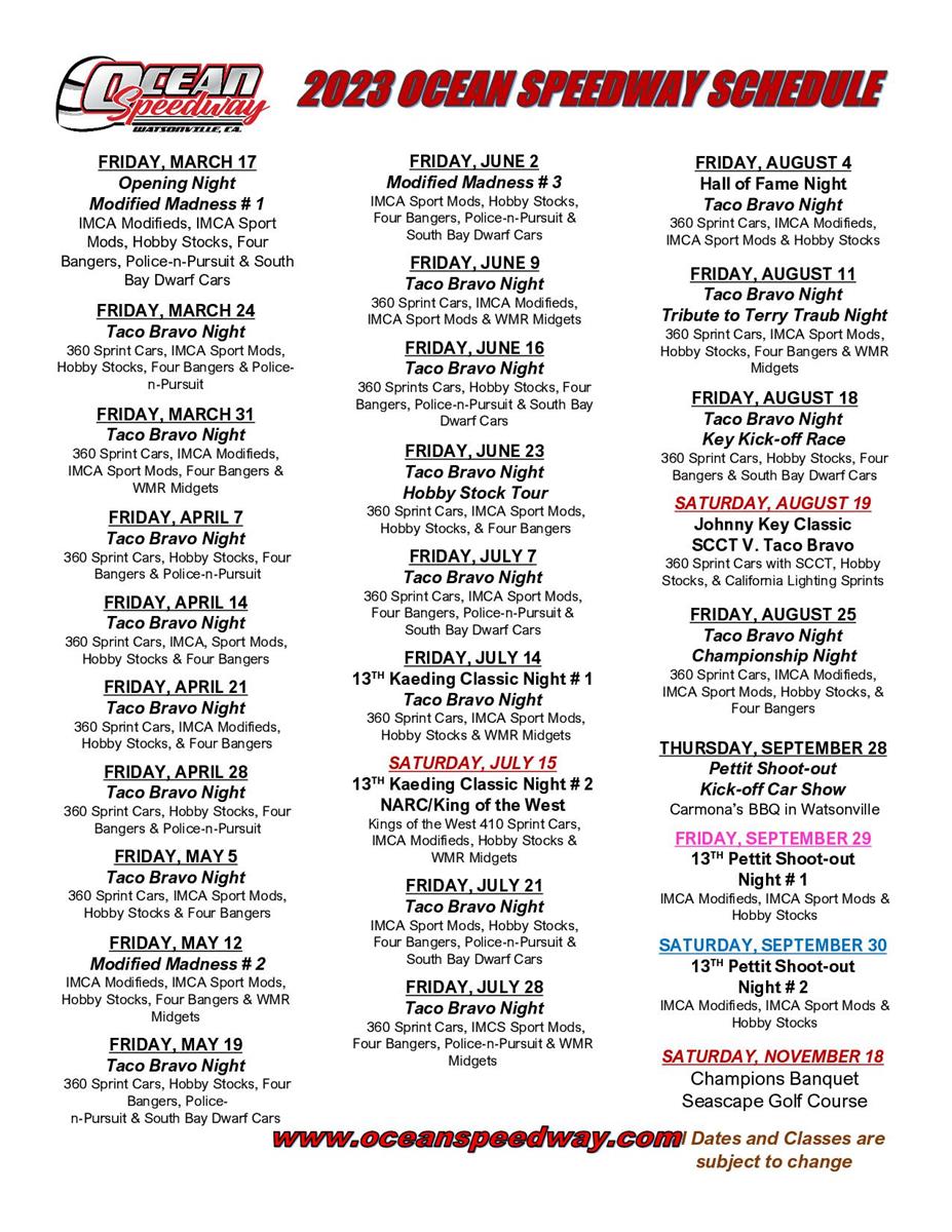 2023 Ocean Speedway Schedule