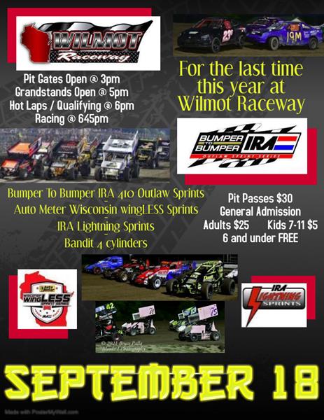 Bumper to Bumper IRA Outlaw Sprints will be at Wilmot on 9/18/21