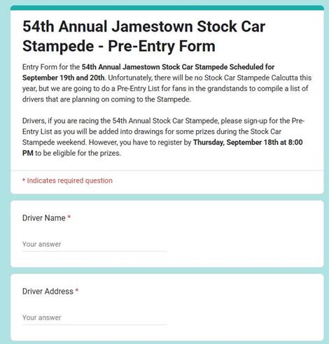 54th Annual Jamestown Stock Car Stampede - Pre-Entry List