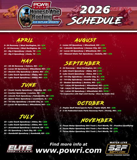 38 Nights Highlight POWRi Honest Abe Roofing 410 Outlaw Sprint League Schedule for 2026