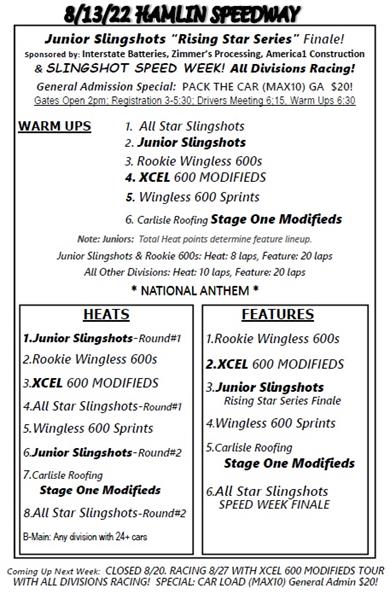 8/13/22 Schedule- Rising Star Finale, All Star Speed Week, Pack the Car!