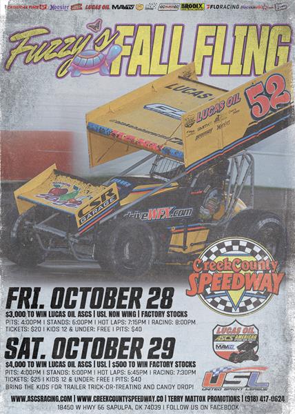 Lucas Oil American Sprint Car Series Headlining Fuzzy’s Fall Fling At Creek County Speedway!