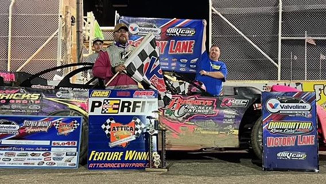 Rusty Schlenk scored the Valvoline American Late Model Iron-Man Series Fueled by VP Racing Stephen Wagner Memorial at Attica Raceway Park on May 2.