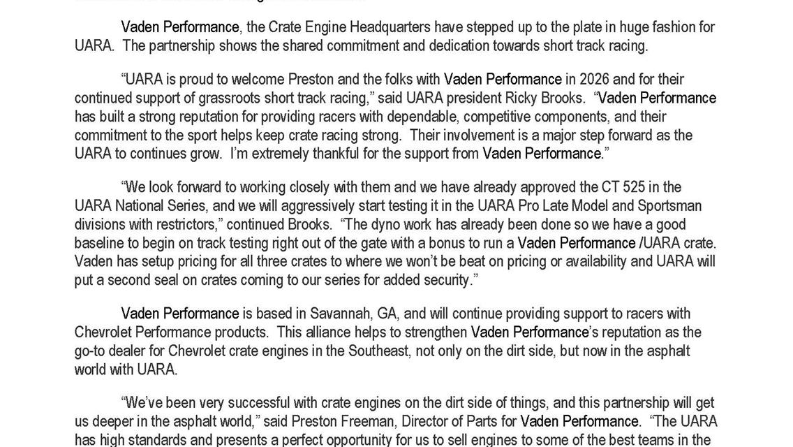 Vaden Performance Partners with UARA in 2026