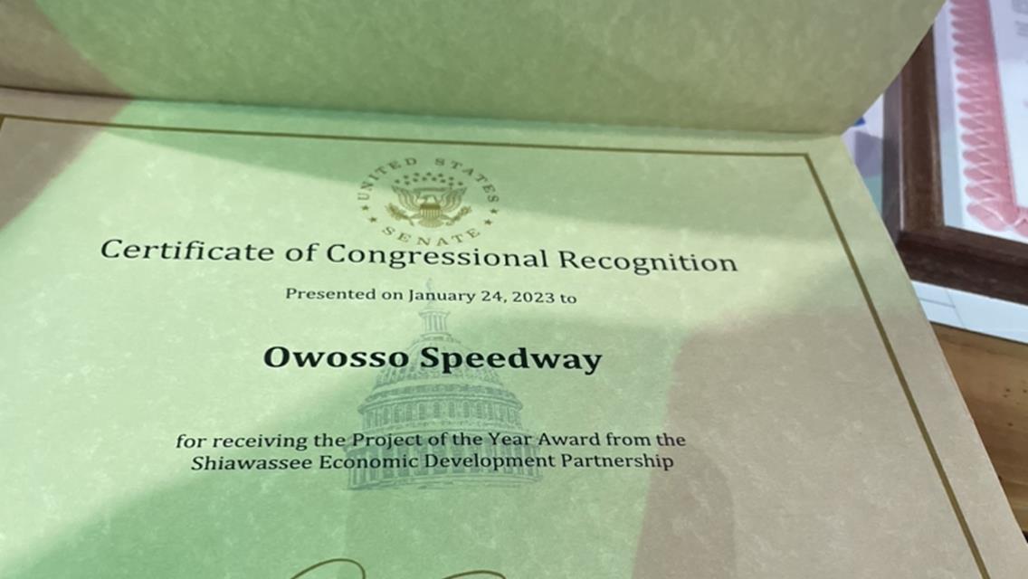 United State Senate, State of Michigan and Shiawassee Co Award Owosso Speedway and Wheeler Family for Contribution to Regions Economic Development!