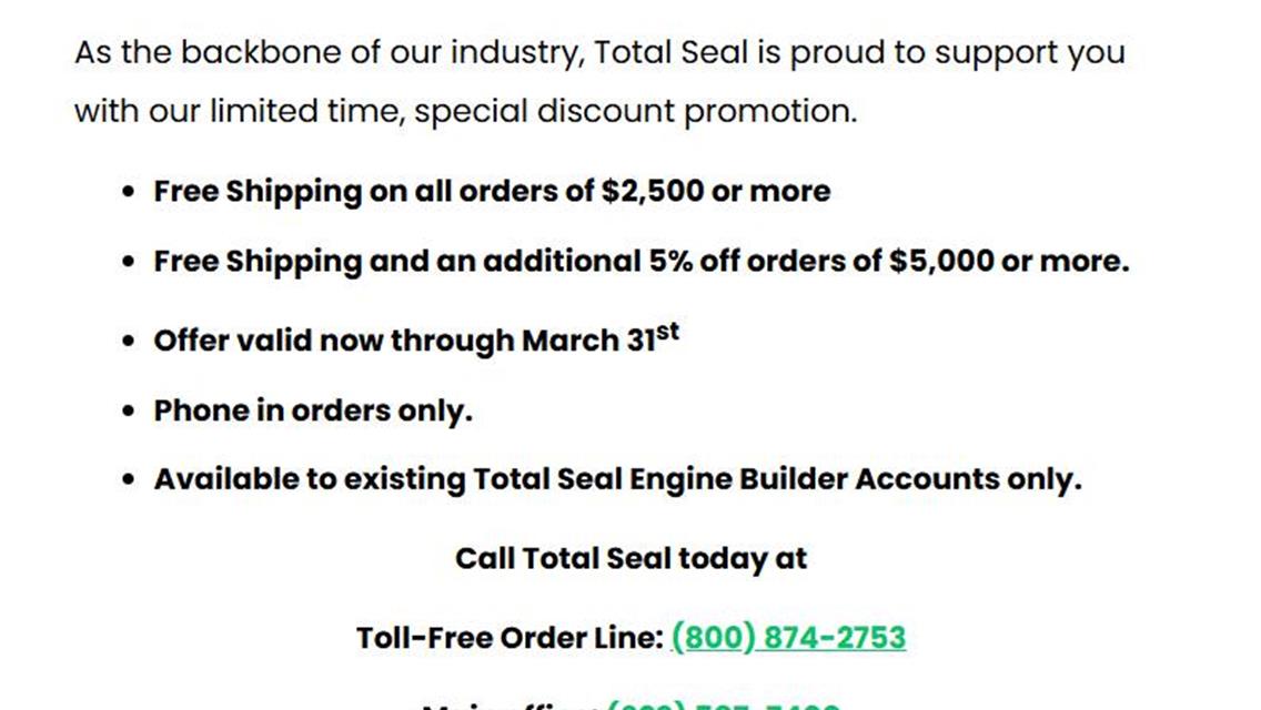 Just One Week Left: Total Seal "Engine Builder Only" March Ring Madness Promo