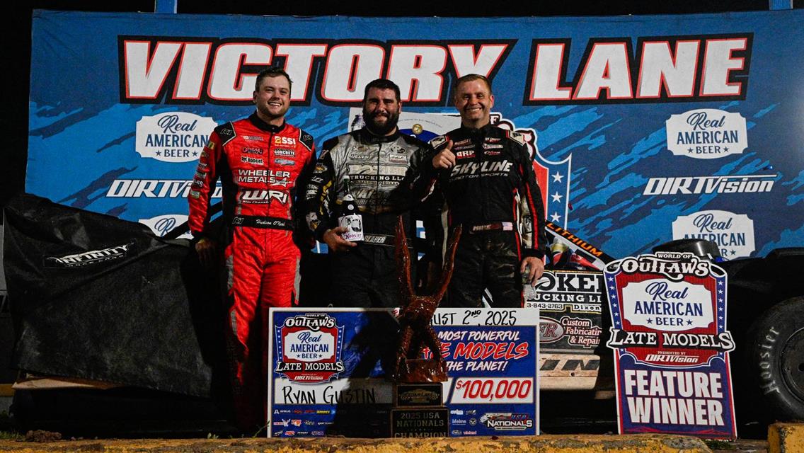 Ryan Gustin captured a $100,000 payday in the World of Outlaws Real American Beer Late Model Series-sanctioned USA Nationals at Cedar Lake Speedway.