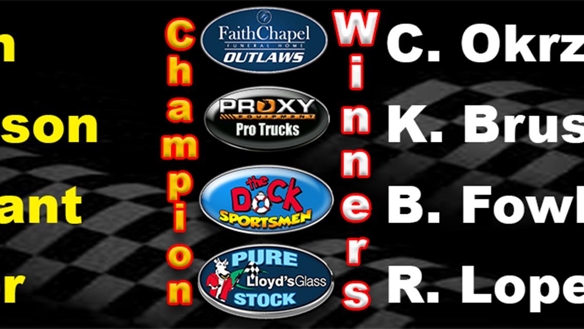 Brusso Wins Pro Trucks 30, Johnson is Track Champ; Fowler Takes Sportsmen 25, Pokrant Wins First Championship;  Okrzesik Wins Outlaws, Finch Champ; Lo
