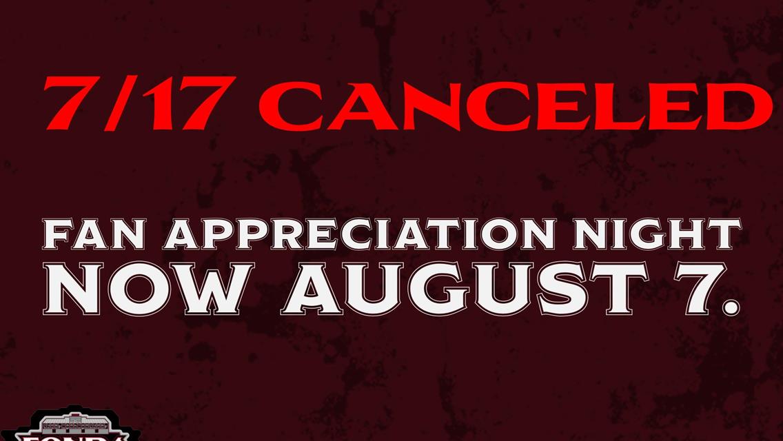 Fonda Speedway Saturday, July 17 Racing Canceled Due to Rain