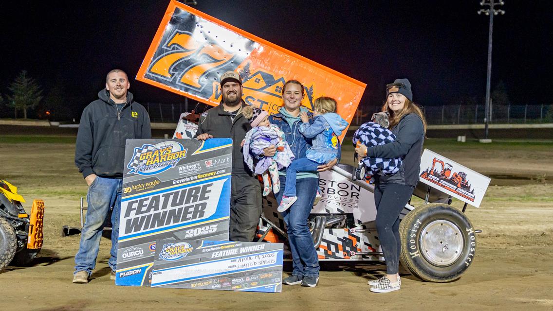 First time winners Hillier, Rinkel, and Hayes join Blood in victory lane on opening night at Grays Harbor Raceway.