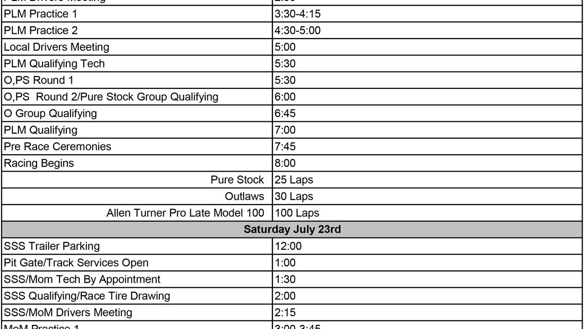 REVISED LATE MODEL DOUBLE HEADER WEEKEND JULY 22-23