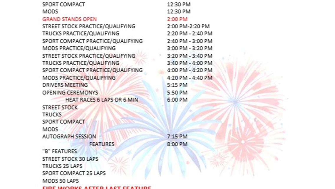 Race Day Schedule for July 5th