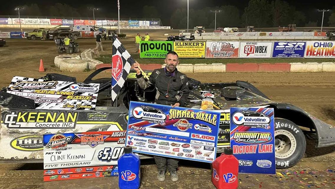 Clint Keenan celebrates his $5,000 Summer Sizzle victory at Atomic Speedway on Saturday, August 23. (Michael Hamilton photo)