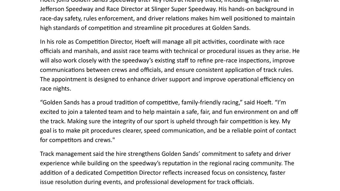 Hoeft Named as Competition Director