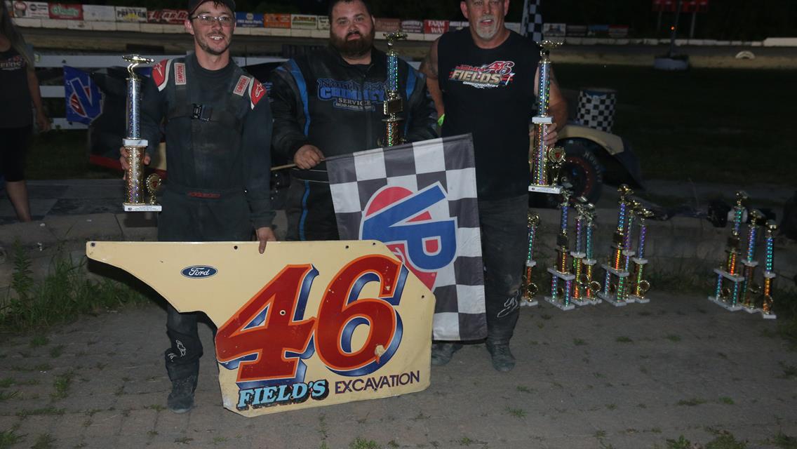 Josh Bussino wins the overall twin 23’s (total 46) in the LaValley Building Supply Dirt Stocks Lucas Wheeler wins on the last lap in the Wells River C