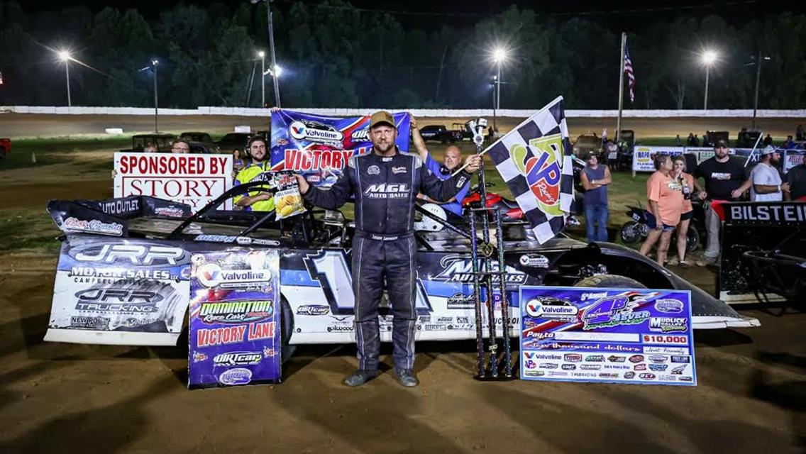 Jason Jameson claimed a $10,000 Valvoline American Late Model Iron-Man Series payday in the 4B4EVER 40 at Mudlick Valley Raceway on Thursday, July 3. (Michael Boggs Photography)