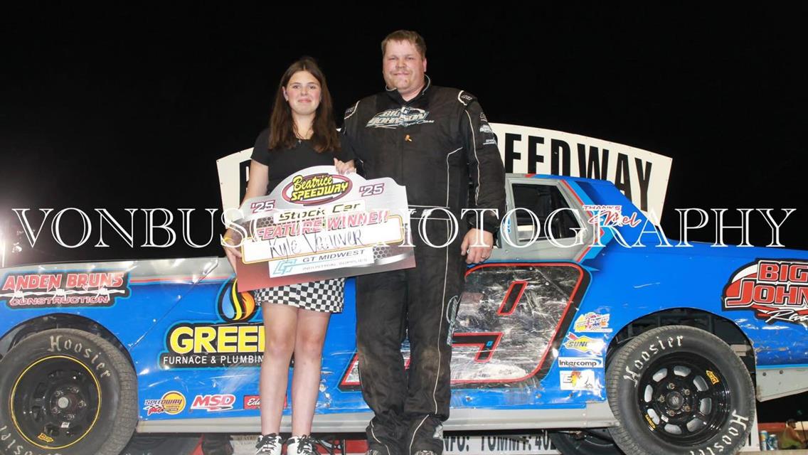Kyle Vanover has now won back-to-back Stock Car events at Beatrice Speedway, increasing his 2025 win total to five.