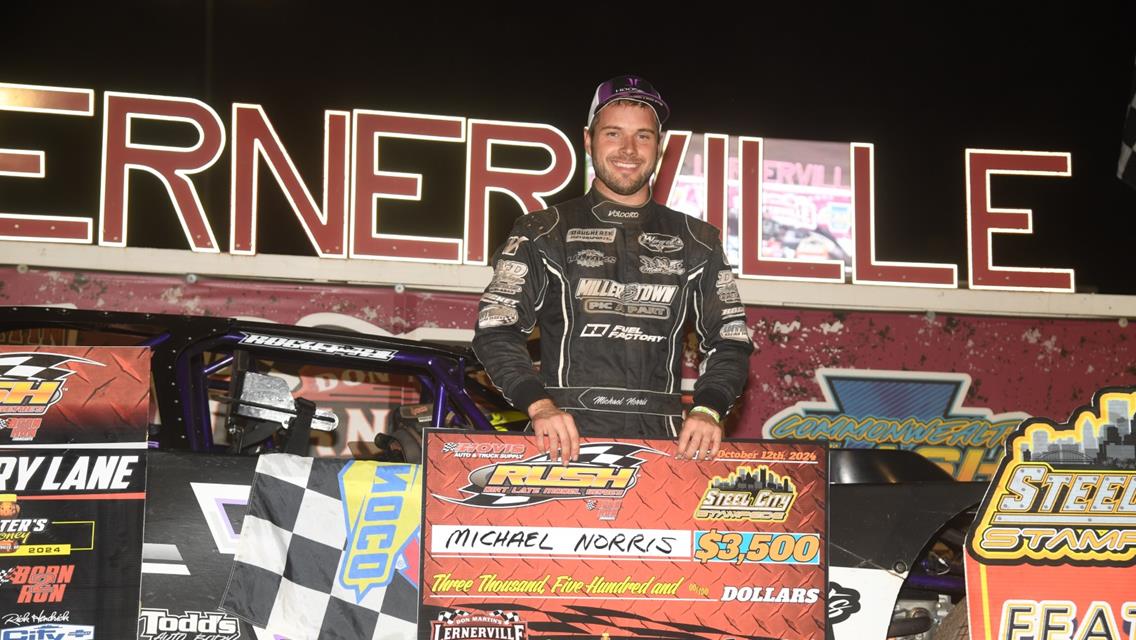 LERNERVILLE SUPER LATE MODEL STANDOUT MICHAEL NORRIS WINS "STEEL CITY STAMPEDE" FOR 2ND STRAIGHT YEAR IN HOVIS RUSH LATE MODELS WHILE 14-YEAR-OLD BROC