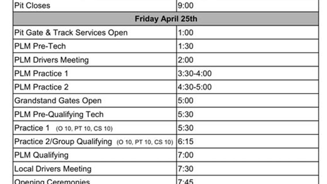 Revised Schedule for Friday Racing