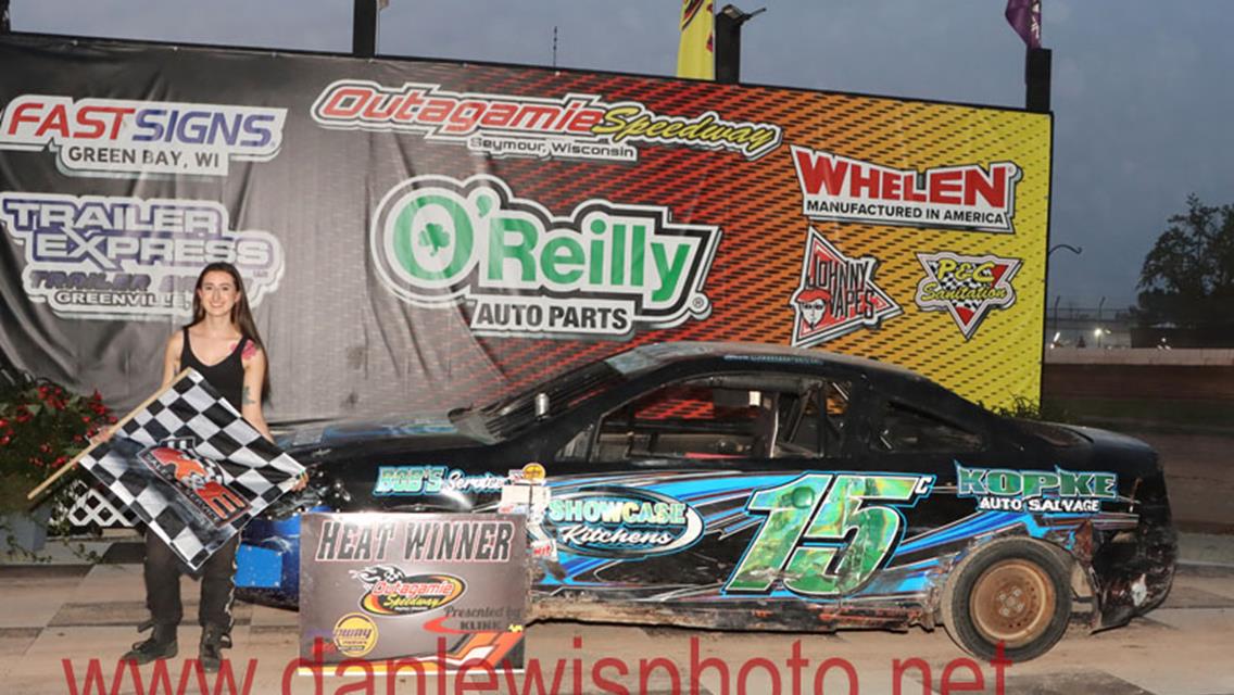 IMCA Sport Mod Rookie Coy Vlies cashes in at Outagamie Speedway.