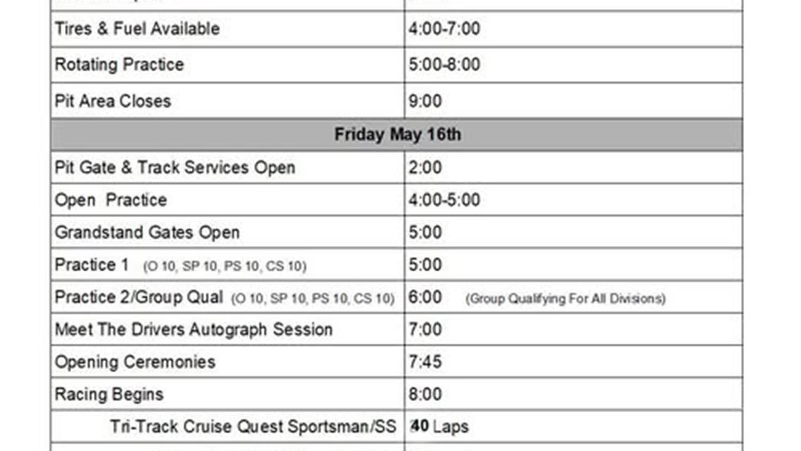 Schedule Includes Thursday Practice. $5 Grandstand Admission Friday