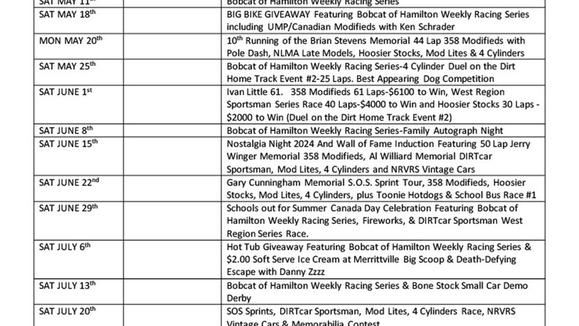 Merrittville Speedway Releases 2024 Schedule