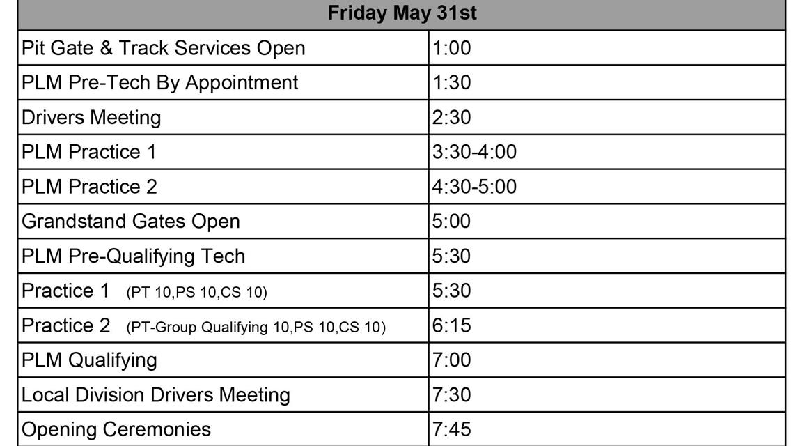 Schedule for 100 Lap Pro Late Models Set.