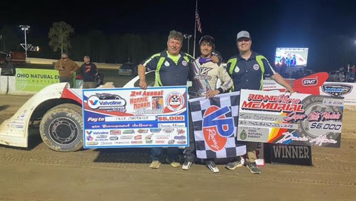 Tyler Carpenter earned his fourth Valvoline American Late Model Iron-Man Series victory with his Ronnie Moran Memorial triumph at Muskingum County Speedway on May 16.