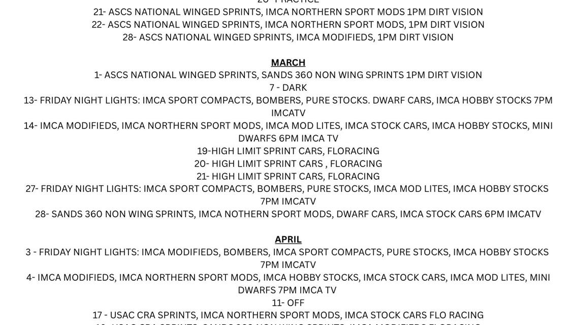 2026 Central Arizona Raceway Schedule