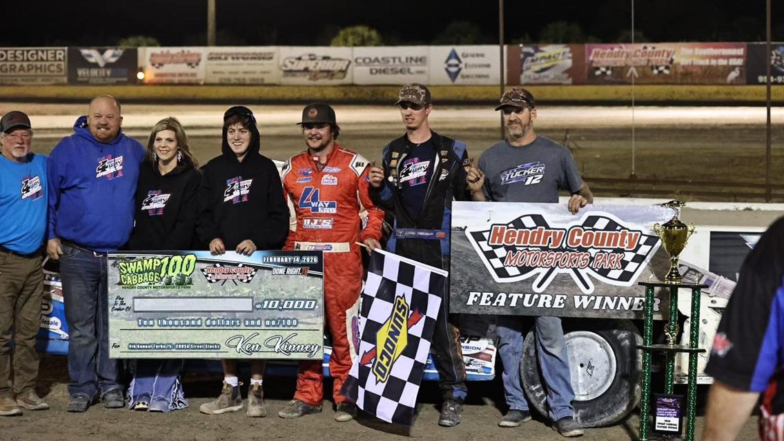 Spencer Hughes piloted the 4-Way Fab Racecars to a $10,000 victory in the Swamp Cabbage 100 at Hendry County Motorsports Park.