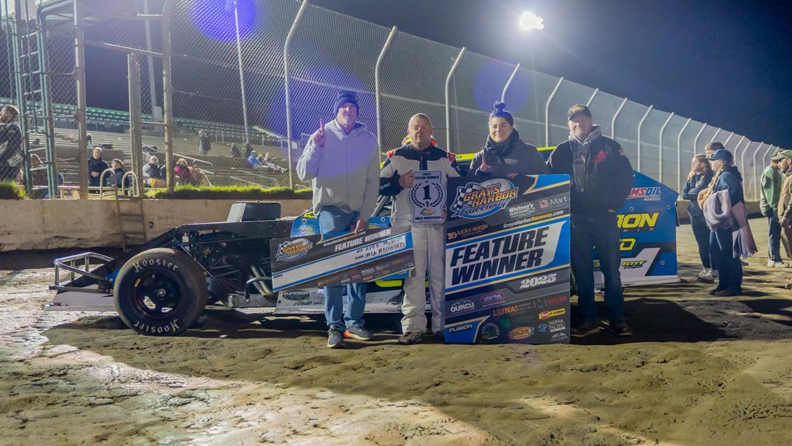 First time winners Hillier, Rinkel, and Hayes join Blood in victory lane on opening night at Grays Harbor Raceway.