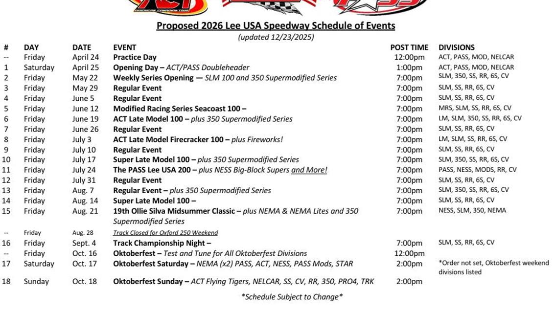 ACT and PASS Release 2026 Lee USA Speedway Schedule