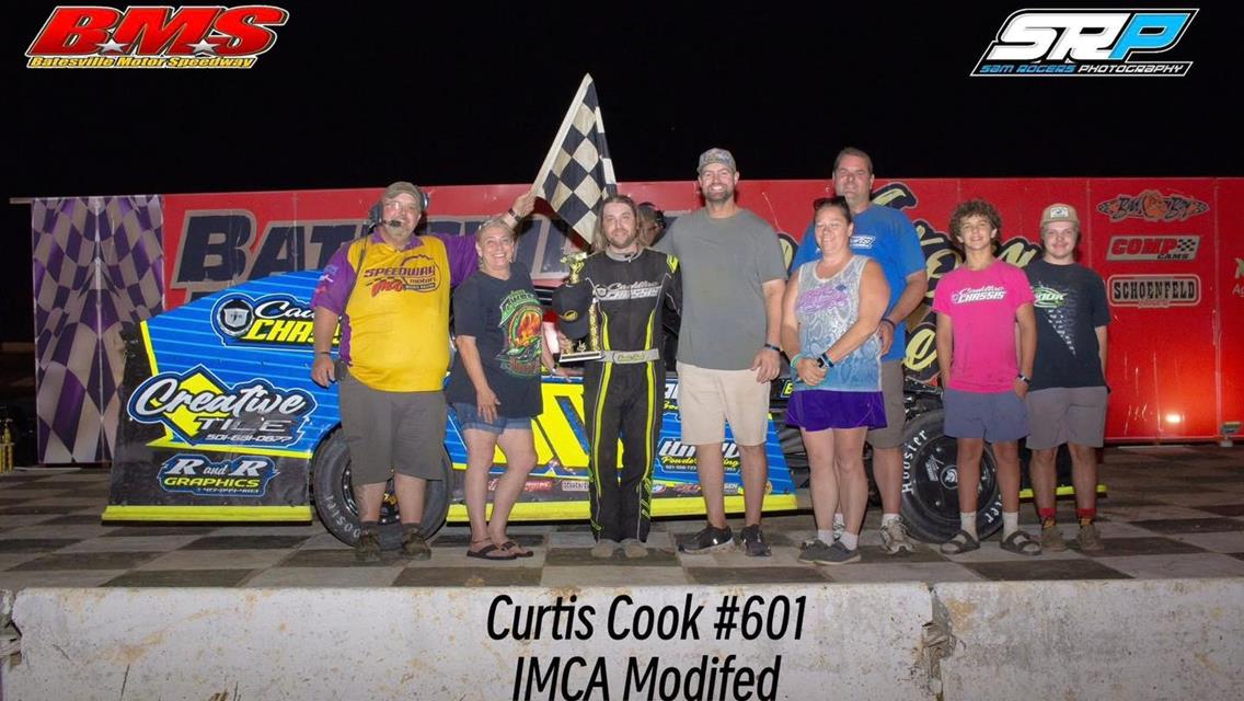Curtis Cook piloted the Jayson and Tonya Hefley-owned No. 601 IMCA Modified to the victory at Batesville Motor Speedway.