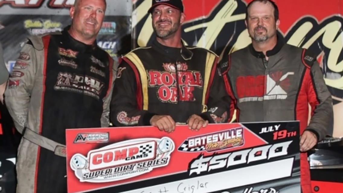 Scott Crigler (center) topped the COMP Cams Super Dirt Series Super Late Model feature at Batesville Motor Speedway on July 19 over Morgan Bagley (left) and Jon Kirby (right).
