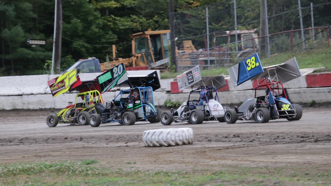 David Greenslit 500cc and Mark Wiggett 600cc winners in the R.E. Hinkley Granite State Mini Sprints Brandon Piastka big winner in the Xtreme DMA DIRTc