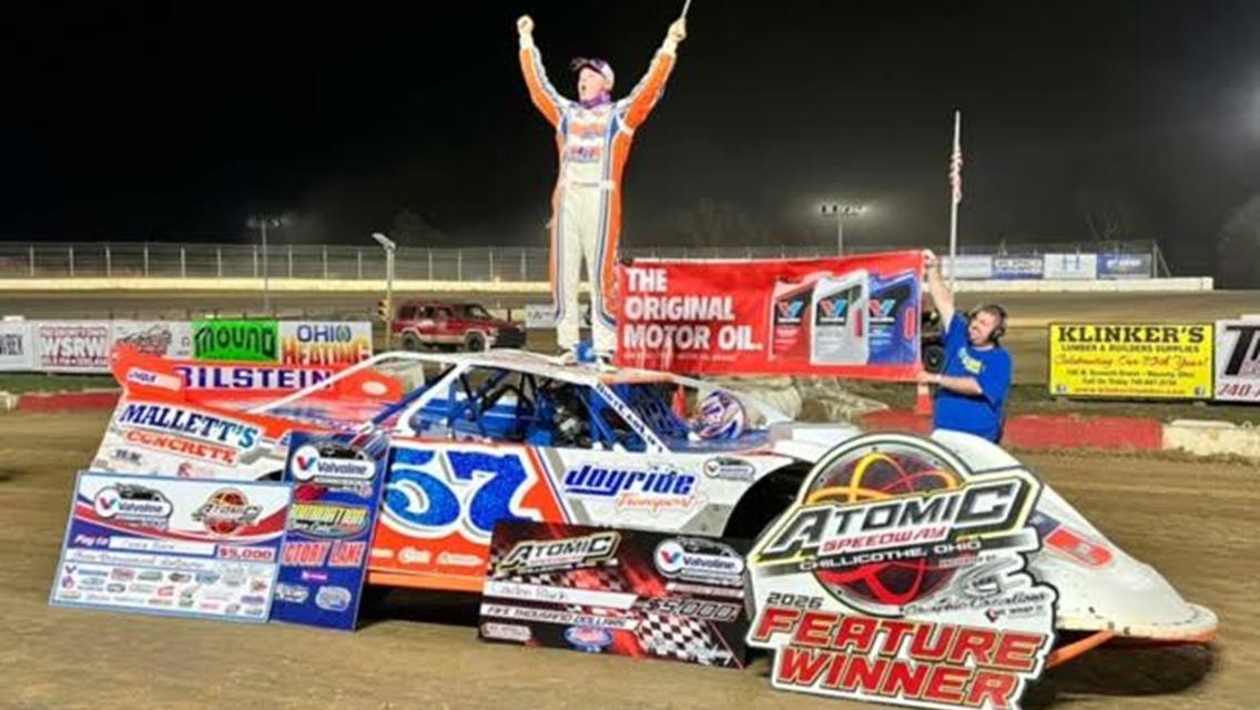 Caiden Black in victory lane after picking up the Valvoline American Late Model Iron-Man Series Fueled by VP opener at Atomic Speedway on Saturday, April 11.