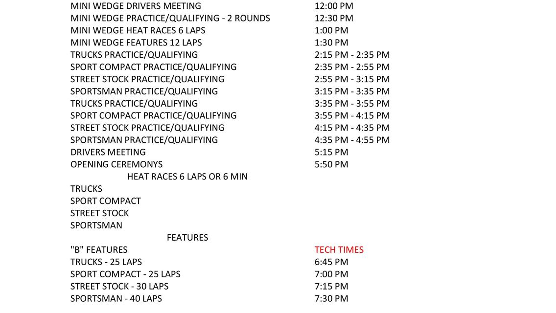 July 19th Race Day Schedule