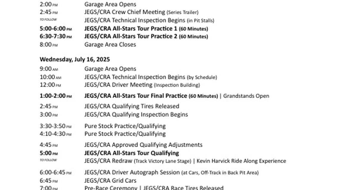 Masters of the Pros Race Day Schedule July 15-16