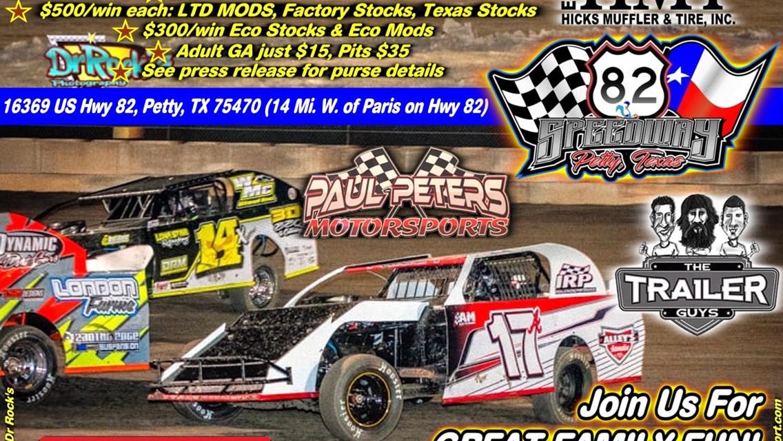 OUR NEXT EVENT is SATURDAY APRIL 17th - USRA MODS, LTD MODS, FACTORY STOCKS; PLUS TX Stocks, ECO MODS &amp; ECO STOCKS!
