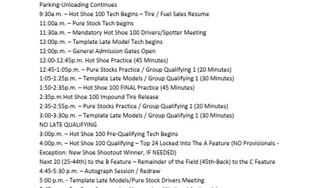 Hot Shoe 100 Schedule