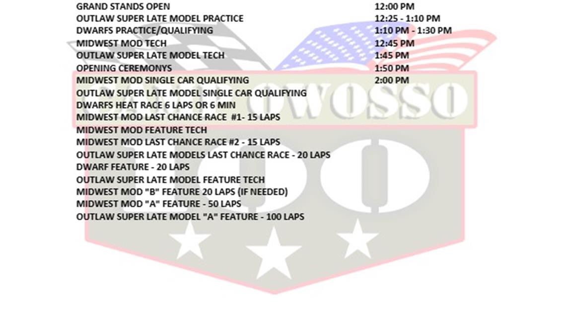 SUNDAY JULY 27TH RACE DAY SCHEDULE (Saturday has been postponed)