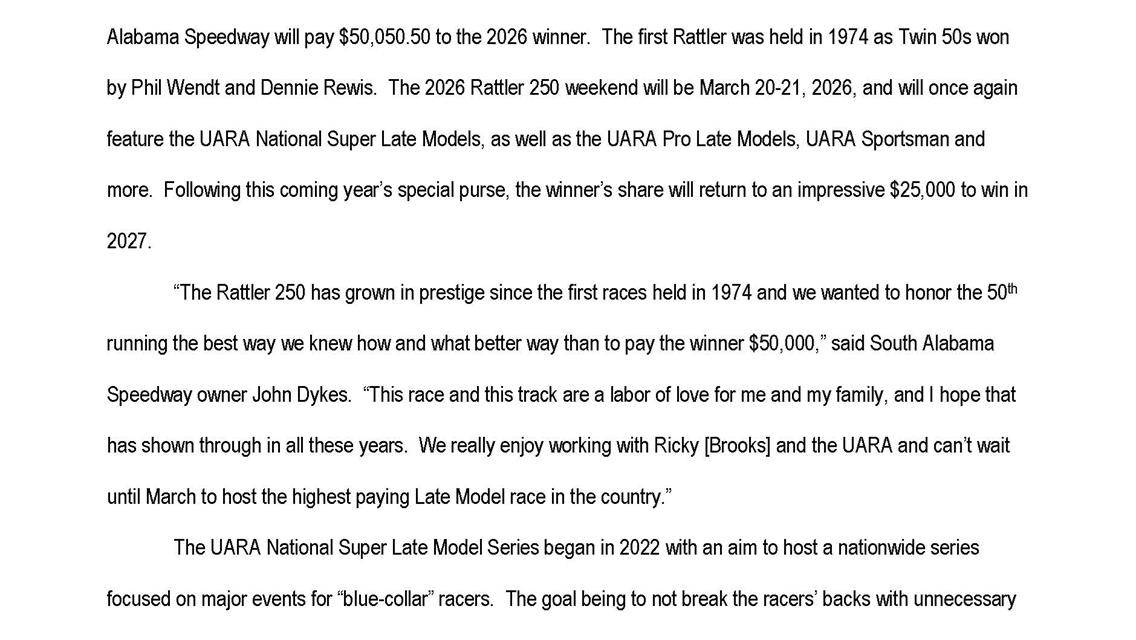 50th Rattler 250 At South Alabama To Pay $50,050.50 to Win in 2026