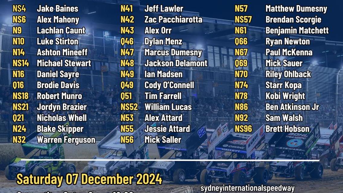Sprintcars Nominations - Saturday 07 December 2024