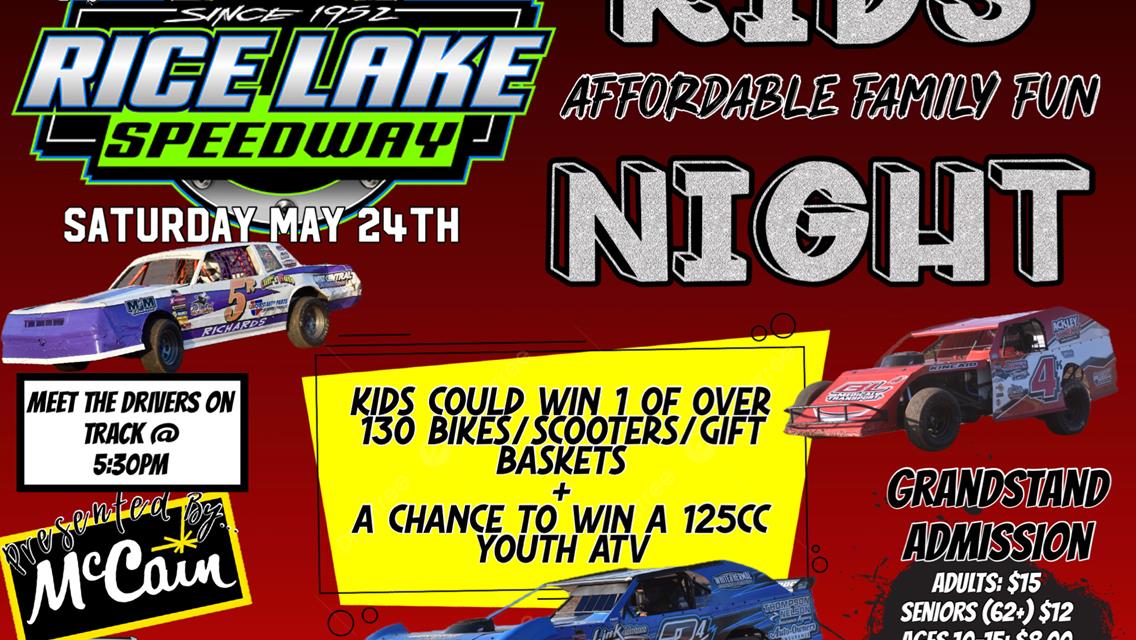 Rice Lake Speedway Wet; Kid&#39;s Night Now May 24th