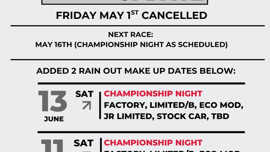 Next Race May 16th. Dates Added To Schedule