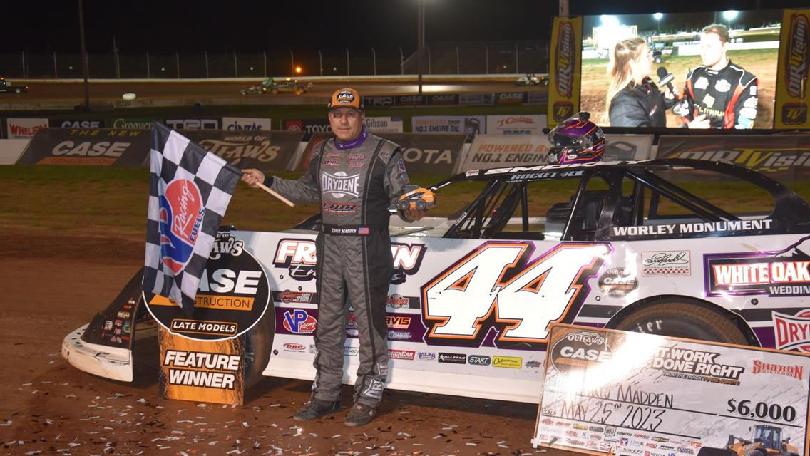 WORLD OF OUTLAWS POINTS LEADER CHRIS MADDEN OPENS &quot;BATTLE AT THE BORDER&quot; WITH 1ST CAREER SHARON LATE MODEL WIN; RUHLMAN 2-FOR-2 IN RUSH SPRINTS