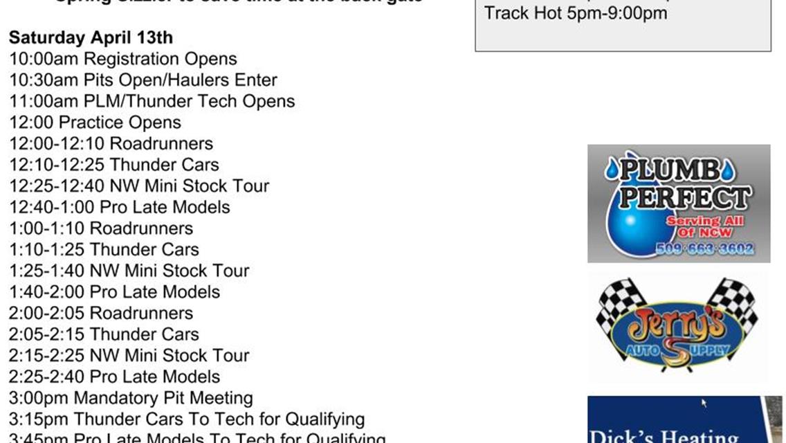 Schedule for Spring Sizzler Race Weekend Released